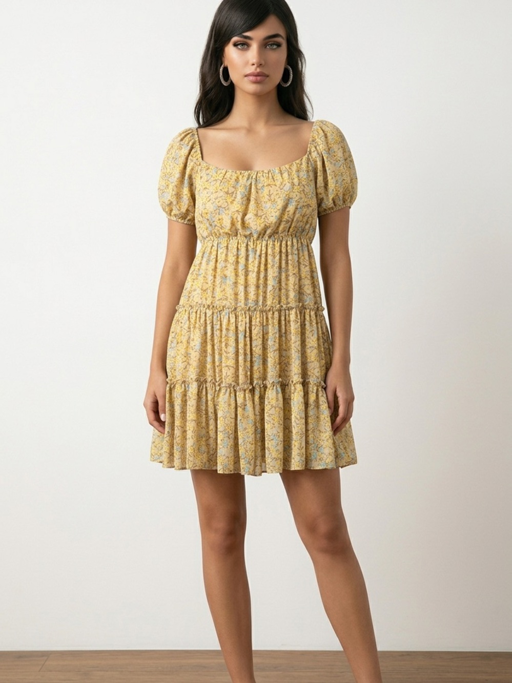 bailey blue Yellow Floral Puff-Sleeve Tiered Mini Dress